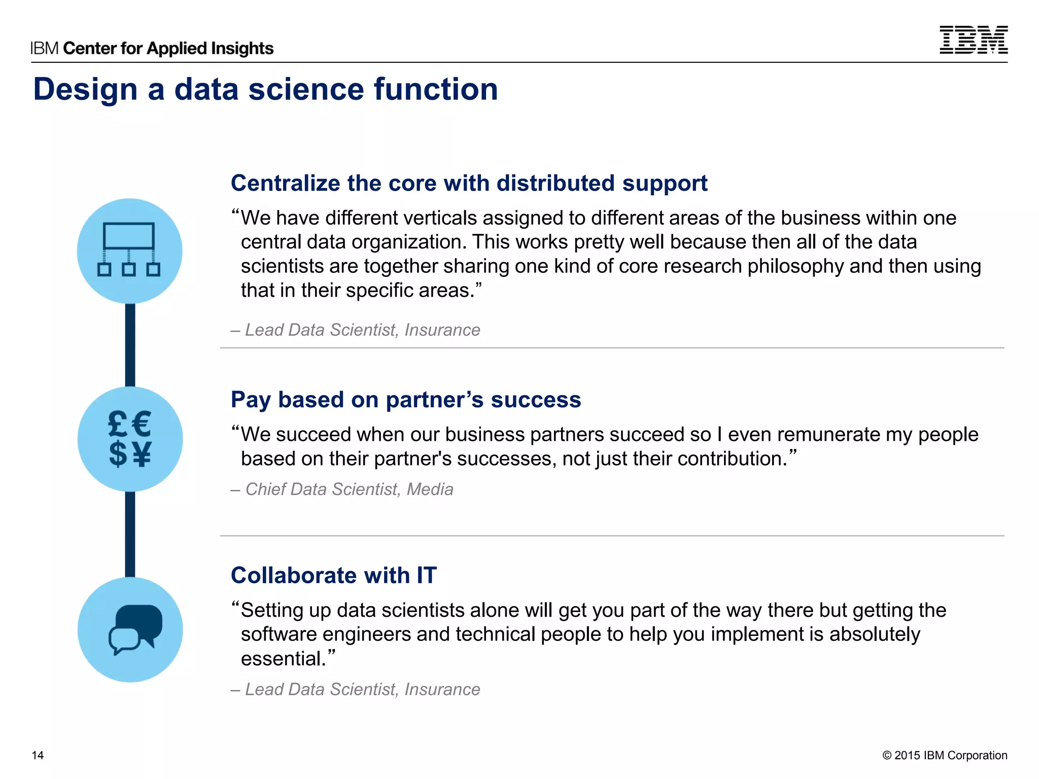 © 2015 IBM Corporation14
Centralize the core with distributed support
“We have different verticals assigned to different areas of the business within one
central data organization. This works pretty well because then all of the data
scientists are together sharing one kind of core research philosophy and then using
that in their specific areas.”
– Lead Data Scientist, Insurance
Pay based on partner’s success
“We succeed when our business partners succeed so I even remunerate my people
based on their partner's successes, not just their contribution.”
– Chief Data Scientist, Media
Collaborate with IT
“Setting up data scientists alone will get you part of the way there but getting the
software engineers and technical people to help you implement is absolutely
essential.”
– Lead Data Scientist, Insurance
Design a data science function
 