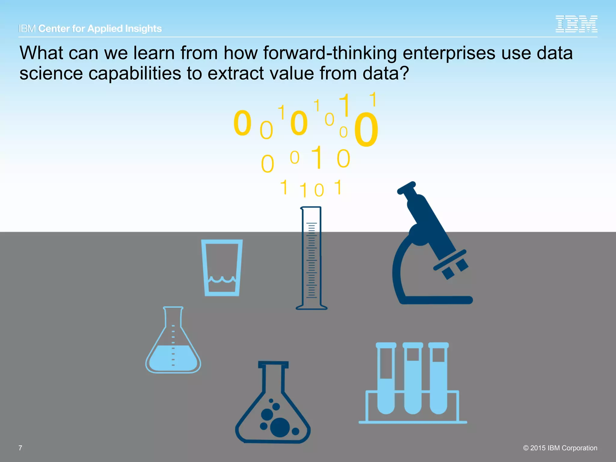 © 2015 IBM Corporation
What can we learn from how forward-thinking enterprises use data
science capabilities to extract value from data?
7 © 2015 IBM Corporation
 