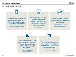© 2015 IBM Corporation
In their own words…
4
“When you ask me what the
value of data science is, it's
almost, like explaining the
value of water to a fish.”
– Chief Data Scientist, Media
“We have an asset: it’s the
data. And what you do with
that data dictates whether
you’ll be differentiated in
the future.”
– SVP of Digital & Direct
Business, Retail
“We're going to help the
business go to new
places that it hasn’t yet
even thought of going.”
– Chief Data Scientist,
Biotechnology
“If we didn’t have a data
science capability we would
lose money.”
– Global Director of Data &
Analytics, Manufacturing
“The business realized that,
nowadays, we cannot be
competitive if we are not
data-savvy enough.”
– Senior VP, Banking
 