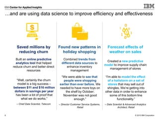 © 2015 IBM Corporation
…and are using data science to improve efficiency and effectiveness
6
Saved millions by
reducing churn
Found new patterns in
holiday shopping
Forecast effects of
weather on sales
Built an online predictive
analytics tool that helped
reduce churn and better direct
resources
Combined trends from
different data sources to
enhance inventory
management
Created a new predictive
model to improve supply chain
management of stores
“Well, certainly the churn
model is a big success –
between $11 and $16 million
dollars in savings per year
has been a lot of proof that
what we do works.”
– Chief Data Scientist, Telecom
“We were able to see that
people were shopping
earlier than ever before. We
needed to have more toys on
the shelf by October;
November was not good
enough.”
– Director Customer Service Systems,
Retail
“I'm able to model the effect
of a hailstorm on a set of
stores that may sell out of
shingles. We’re getting into
other data in order to enhance
some of this bottom line
functionality.”
– Data Scientist & Advanced Analytics
Architect, Retail
 