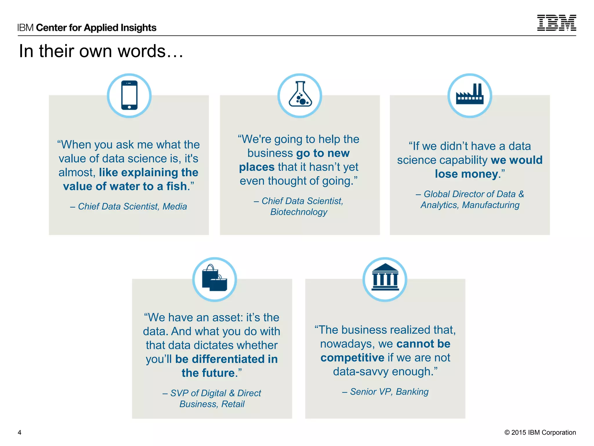 © 2015 IBM Corporation
In their own words…
4
“When you ask me what the
value of data science is, it's
almost, like explaining the
value of water to a fish.”
– Chief Data Scientist, Media
“We have an asset: it’s the
data. And what you do with
that data dictates whether
you’ll be differentiated in
the future.”
– SVP of Digital & Direct
Business, Retail
“We're going to help the
business go to new
places that it hasn’t yet
even thought of going.”
– Chief Data Scientist,
Biotechnology
“If we didn’t have a data
science capability we would
lose money.”
– Global Director of Data &
Analytics, Manufacturing
“The business realized that,
nowadays, we cannot be
competitive if we are not
data-savvy enough.”
– Senior VP, Banking
 