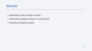 16
• Exploratory data analysis results
• Interactive analytics demo in screenshots
• Predictive analysis results
Results
 