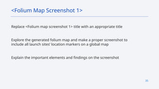 35
Replace <Folium map screenshot 1> title with an appropriate title
Explore the generated folium map and make a proper screenshot to
include all launch sites’ location markers on a global map
Explain the important elements and findings on the screenshot
<Folium Map Screenshot 1>
 