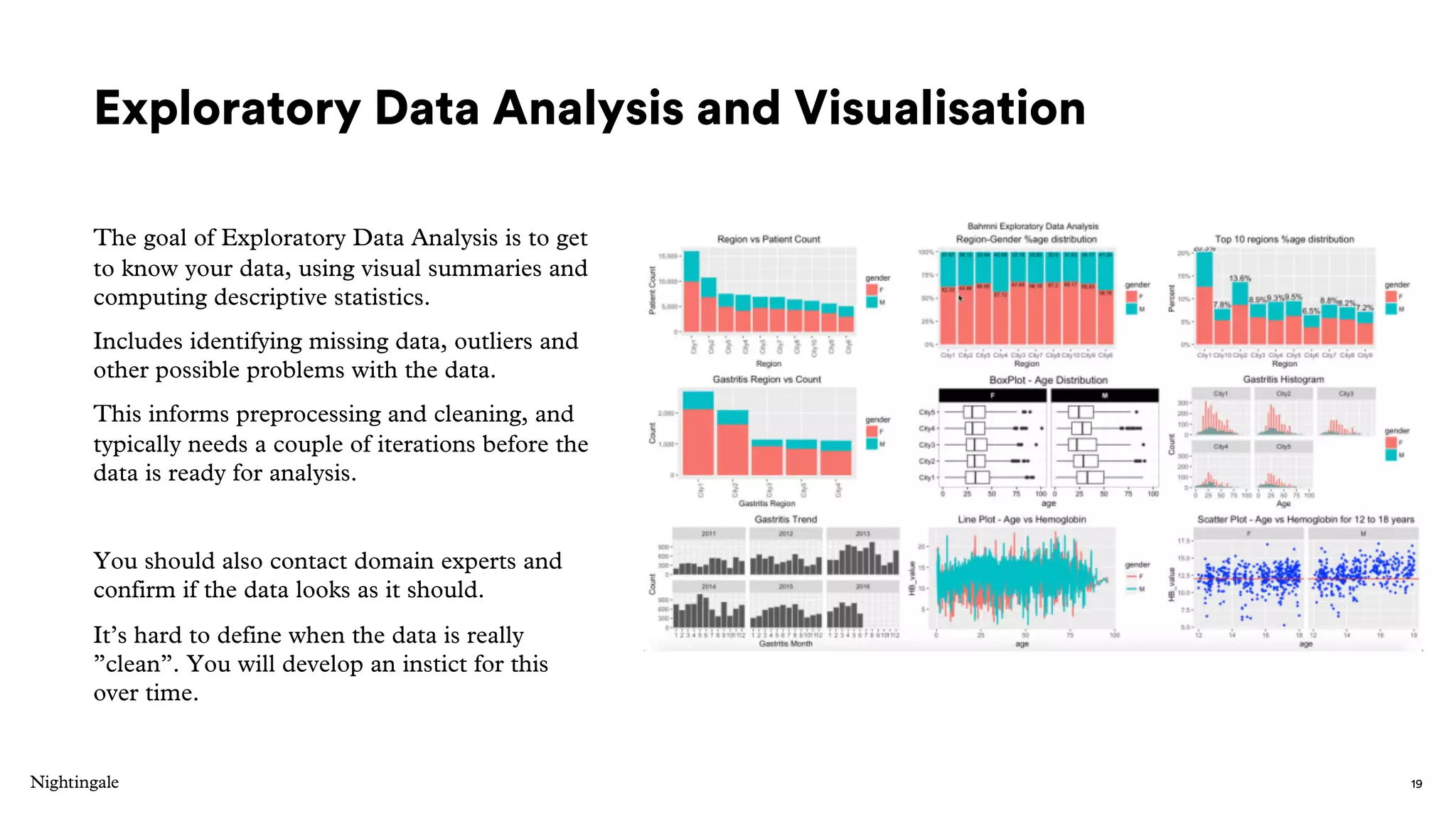Exploratory Data Analysis and Visualisation
The goal of Exploratory Data Analysis is to get
to know your data, using visual summaries and
computing descriptive statistics.
Includes identifying missing data, outliers and
other possible problems with the data.
This informs preprocessing and cleaning, and
typically needs a couple of iterations before the
data is ready for analysis.
You should also contact domain experts and
confirm if the data looks as it should.
It’s hard to define when the data is really
”clean”. You will develop an instict for this
over time.
19
 