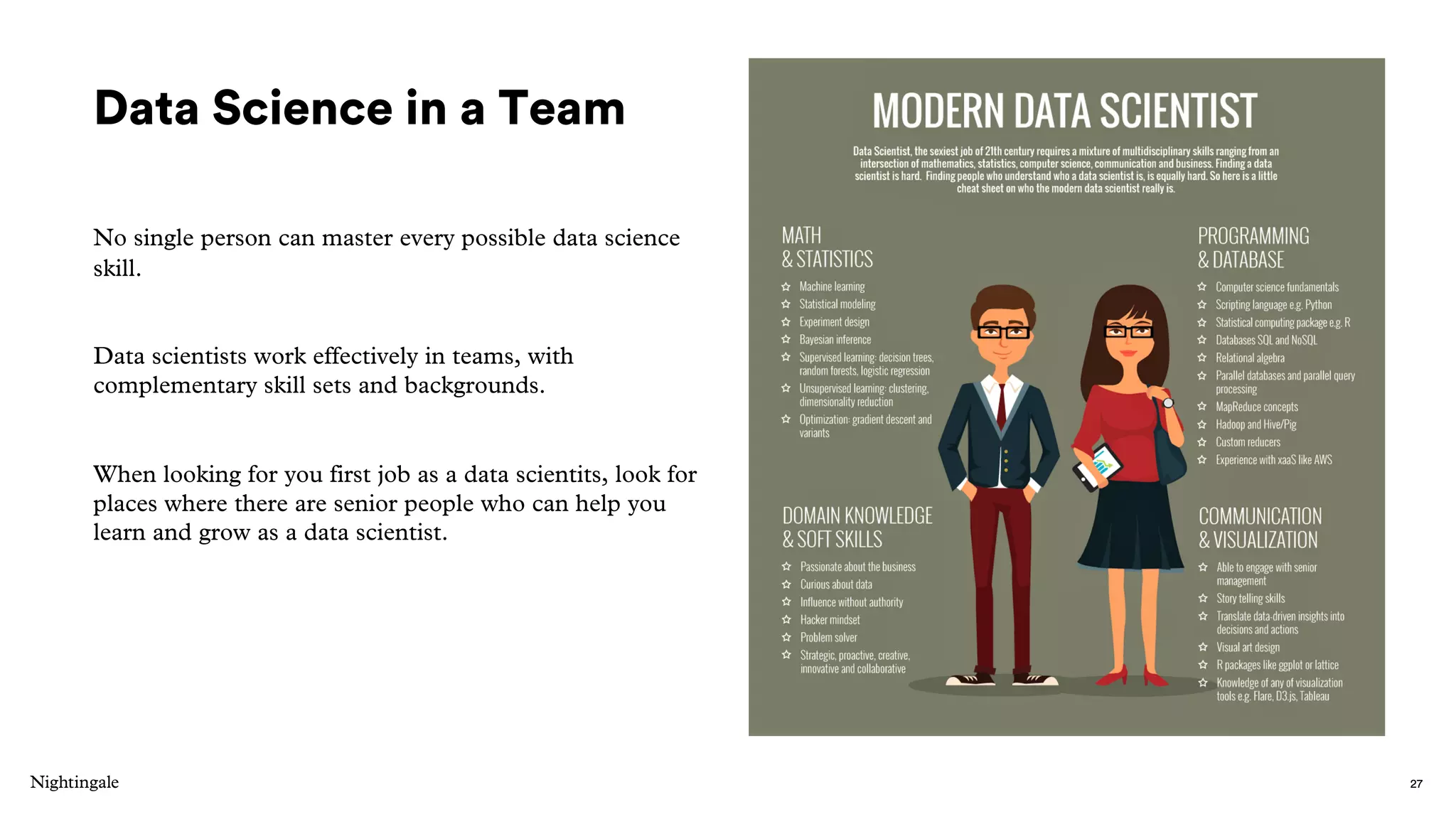 Data Science in a Team
No single person can master every possible data science
skill.
Data scientists work effectively in teams, with
complementary skill sets and backgrounds.
When looking for you first job as a data scientits, look for
places where there are senior people who can help you
learn and grow as a data scientist.
27
 