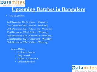 Upcoming Batches in Bangalore
• Training Dates:
2nd December 2024 ( Online – Weekday)
21st December 2024 ( Online – Weekend)
28th December 2024 ( Classroom – Weekend)
23rd December 2024 ( Online – Weekday)
16th December 2024 ( Classroom – Weekday)
23rd December 2024 ( Classroom – Weekday)
30th December 2024 ( Online – Weekday)
Course Details
• 8 Months Course
• Project work
• IABAC Certification
• Internship Project
 