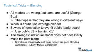 Technical Tricks -- Blending
● All models are wrong, but some are useful (George
Box)
○ The hope is that they are wrong in...