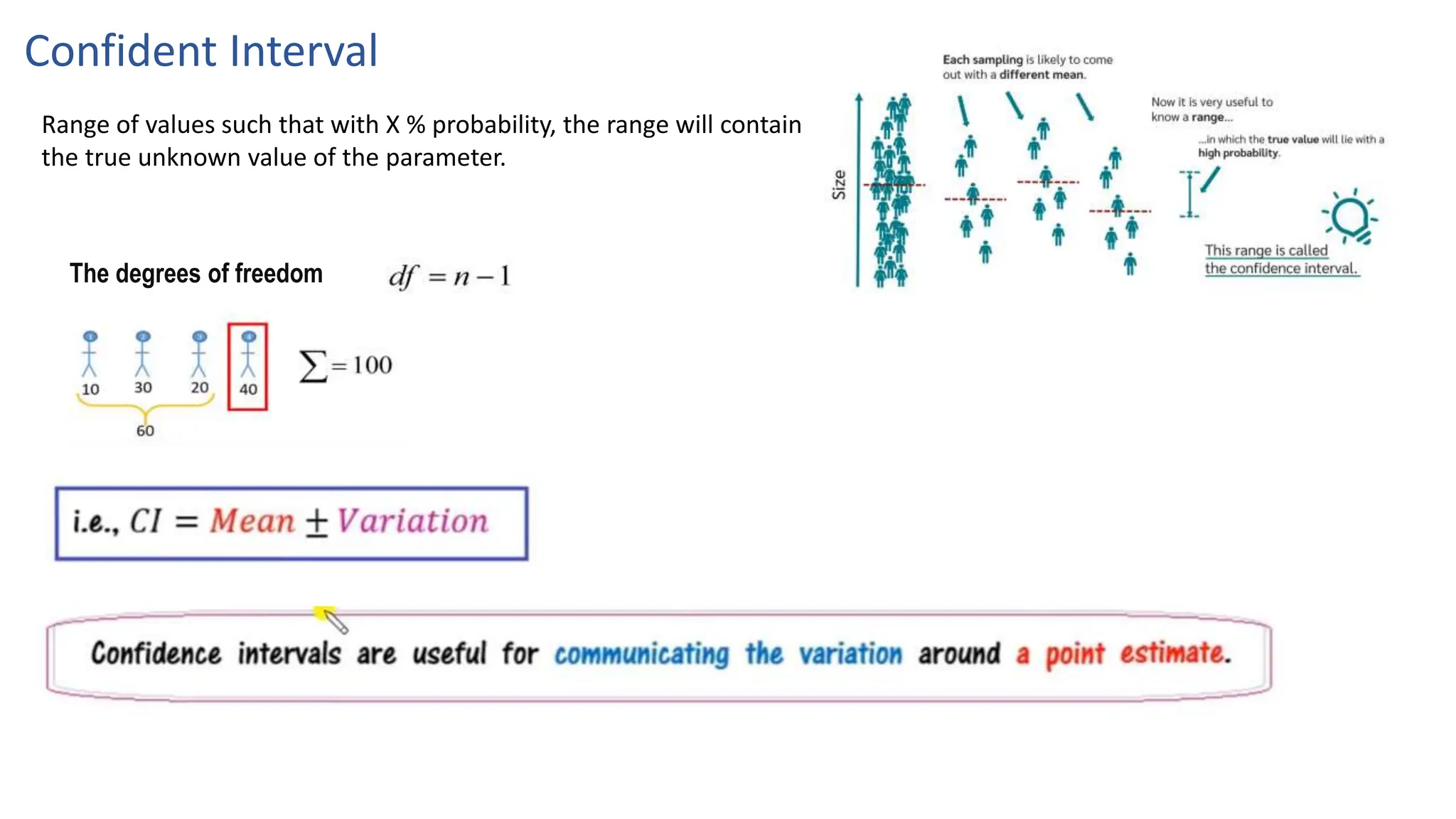 Confident Interval
The degrees of freedom
Range of values such that with X % probability, the range will contain
the true unknown value of the parameter.
 