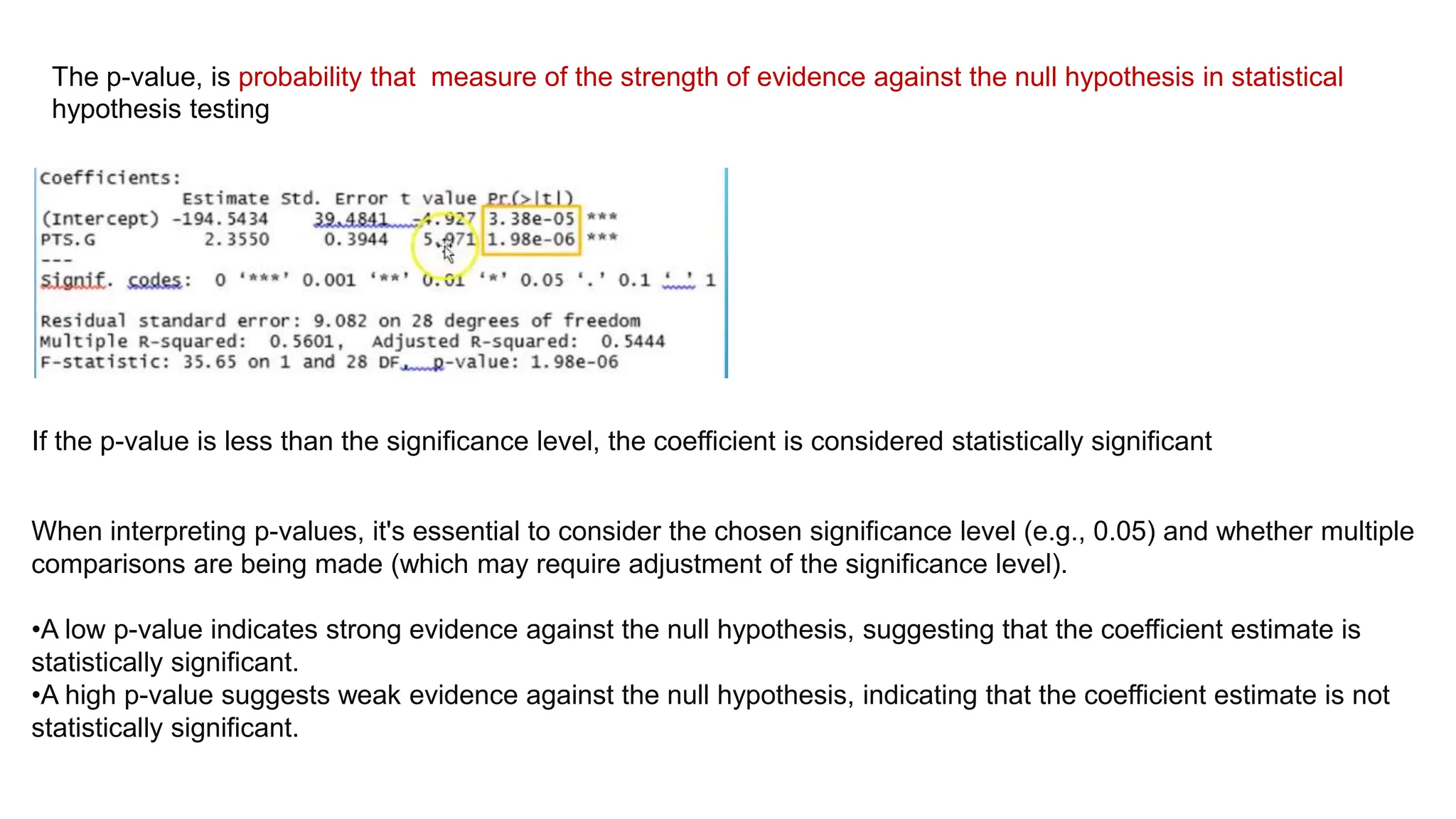 The p-value, is probability that measure of the strength of evidence against the null hypothesis in statistical
hypothesis testing
If the p-value is less than the significance level, the coefficient is considered statistically significant
When interpreting p-values, it's essential to consider the chosen significance level (e.g., 0.05) and whether multiple
comparisons are being made (which may require adjustment of the significance level).
•A low p-value indicates strong evidence against the null hypothesis, suggesting that the coefficient estimate is
statistically significant.
•A high p-value suggests weak evidence against the null hypothesis, indicating that the coefficient estimate is not
statistically significant.
 