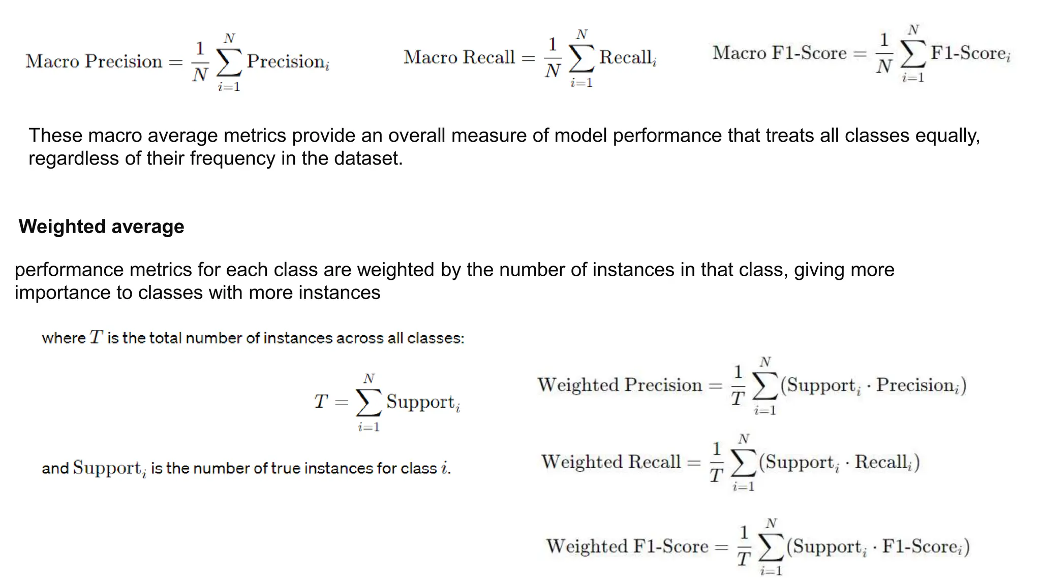 These macro average metrics provide an overall measure of model performance that treats all classes equally,
regardless of their frequency in the dataset.
Weighted average
performance metrics for each class are weighted by the number of instances in that class, giving more
importance to classes with more instances
 