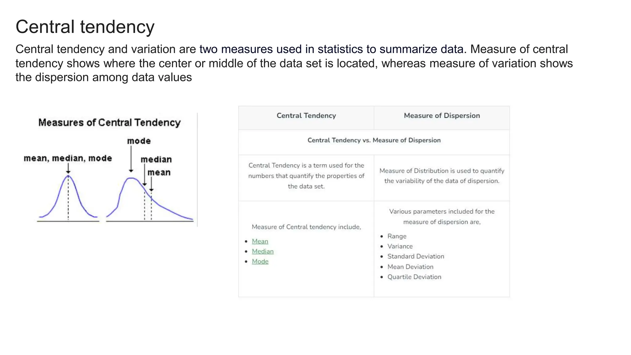 Central tendency and variation are two measures used in statistics to summarize data. Measure of central
tendency shows where the center or middle of the data set is located, whereas measure of variation shows
the dispersion among data values
Central tendency
 