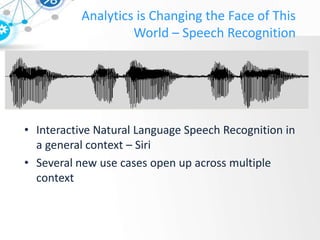 Analytics is Changing the Face of This
World – Speech Recognition
• Interactive Natural Language Speech Recognition in
a general context – Siri
• Several new use cases open up across multiple
context
 