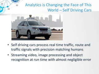 Analytics is Changing the Face of This
World – Self Driving Cars
• Self driving cars process real time traffic, route and
traffic signals with precision matching humans
• Streaming video, image processing and object
recognition at run time with almost negligible error
 