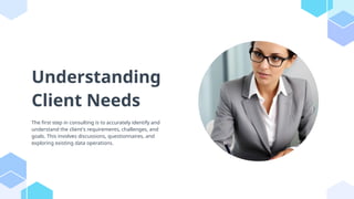Understanding
Client Needs
The first step in consulting is to accurately identify and
understand the client's requirements, challenges, and
goals. This involves discussions, questionnaires, and
exploring existing data operations.
 