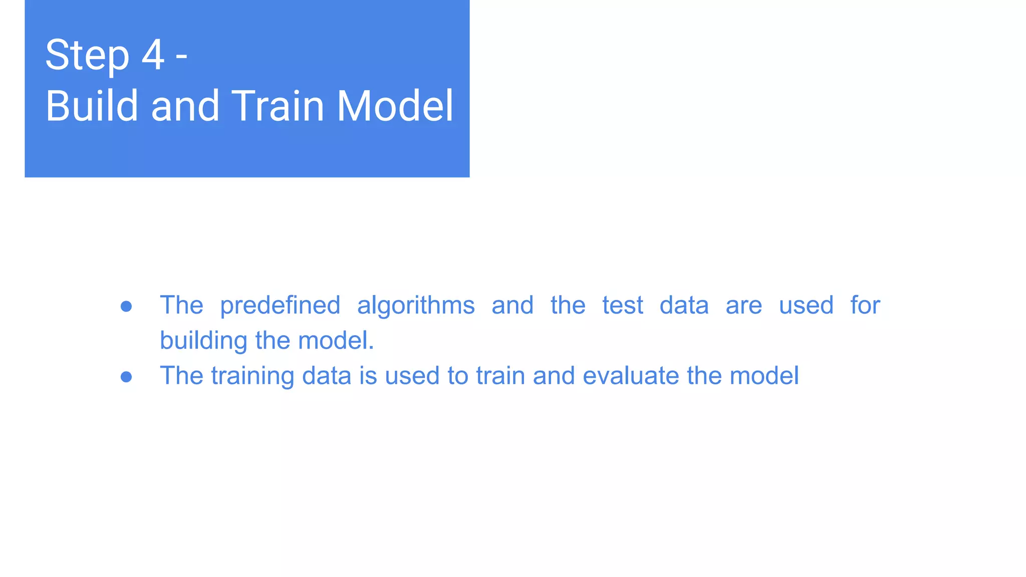 Challenges deep-dive
Machine learning teaches computers to do what comes naturally to
humans and animals: learn from experience. Machine learning
algorithms use computational methods to “learn” information directly
from data without relying on a predetermined equation as a model.
The algorithms adaptively improve their performance as the number
of samples available for learning increases.
Step 4 -
Build and Train Model
● The predefined algorithms and the test data are used for
building the model.
● The training data is used to train and evaluate the model
 