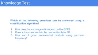 Knowledge Test
Which of the following questions can be answered using a
classification algorithm?
1. How does the exchange rate depend on the GDP?
2. Does a document contain the handwritten letter S?
3. How can I group supermarket products using purchase
frequency?
 
