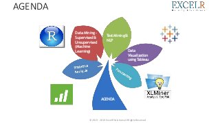 AGENDA
Data
Visualization
usingTableau
Data Mining–
Supervised &
Unsupervised
(Machine
Learning)
TextMining &
NLP
AGENDA
© 2013 - 2016 ExcelR Solutions.All Rights Reserved
 