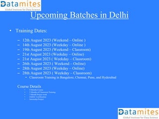 Upcoming Batches in Delhi
• Training Dates:
– 12th August 2023 (Weekend – Online )
– 14th August 2023 (Weekday – Online )
– 19th August 2023 (Weekend – Classroom)
– 21st August 2023 (Weekday – Online)
– 21st August 2023 ( Weekday – Classroom)
– 26th August 2023 ( Weekend – Online)
– 28th August 2023 (Weekday – Online)
– 28th August 2023 ( Weekday – Classroom)
• Classroom Training in Bangalore, Chennai, Pune, and Hyderabad
Course Details
• 8 Months Course
• 2 Months of Classroom Training
• 3 Month Project work
• IABAC Certification
• Internship Project
 