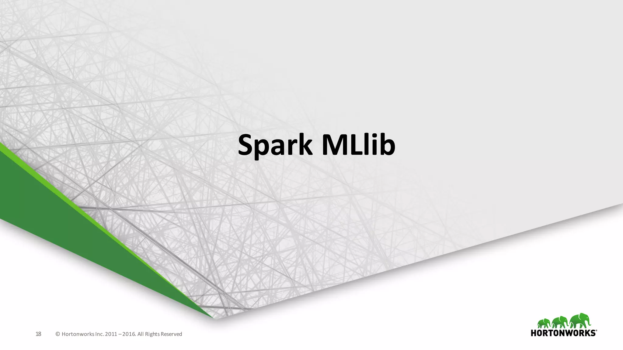18 ©	Hortonworks	Inc.	2011	–2016.	All	Rights	Reserved
Spark	MLlib
 