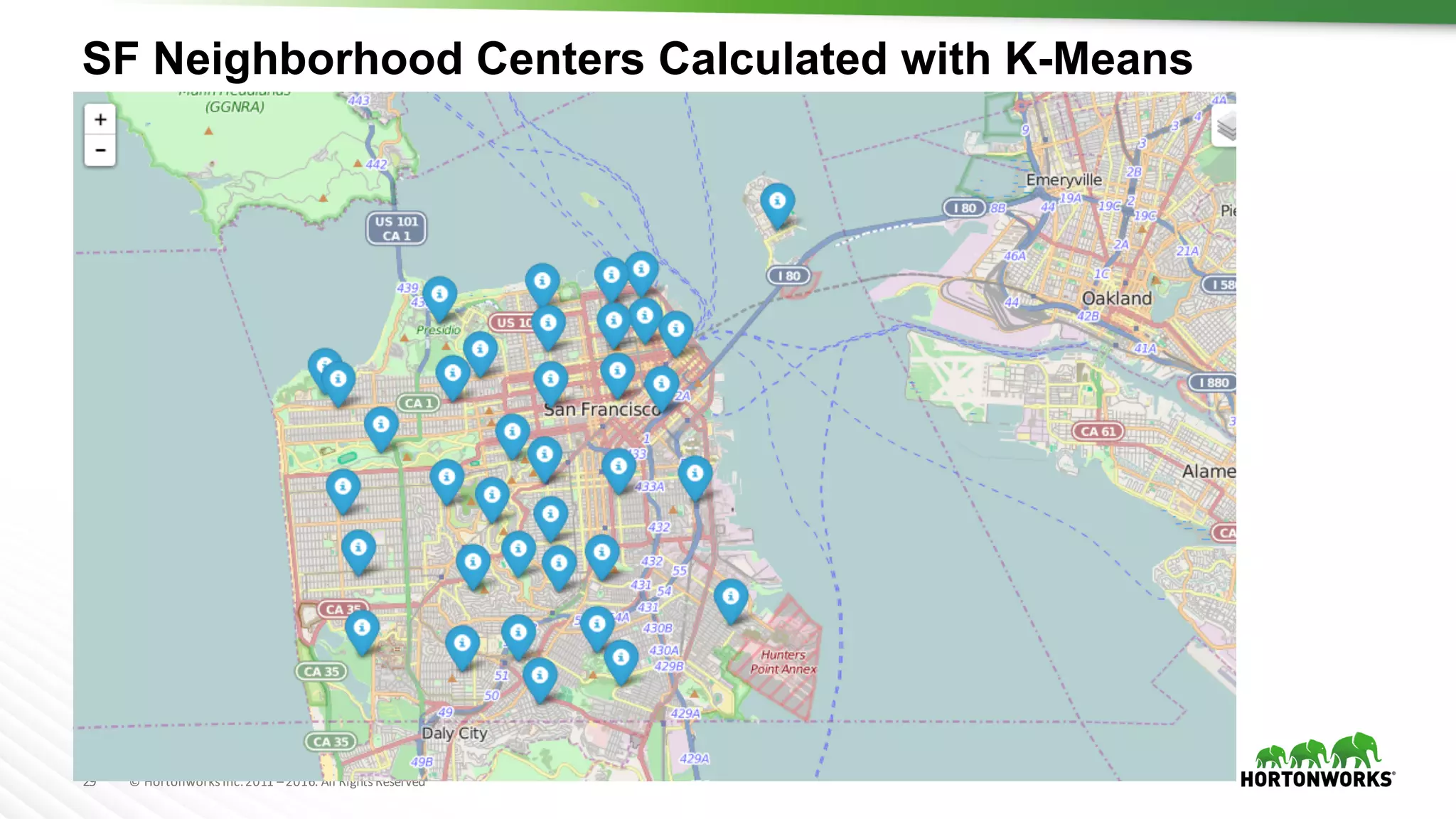 29 ©	Hortonworks	Inc.	2011	–2016.	All	Rights	Reserved
SF Neighborhood Centers Calculated with K-Means
 