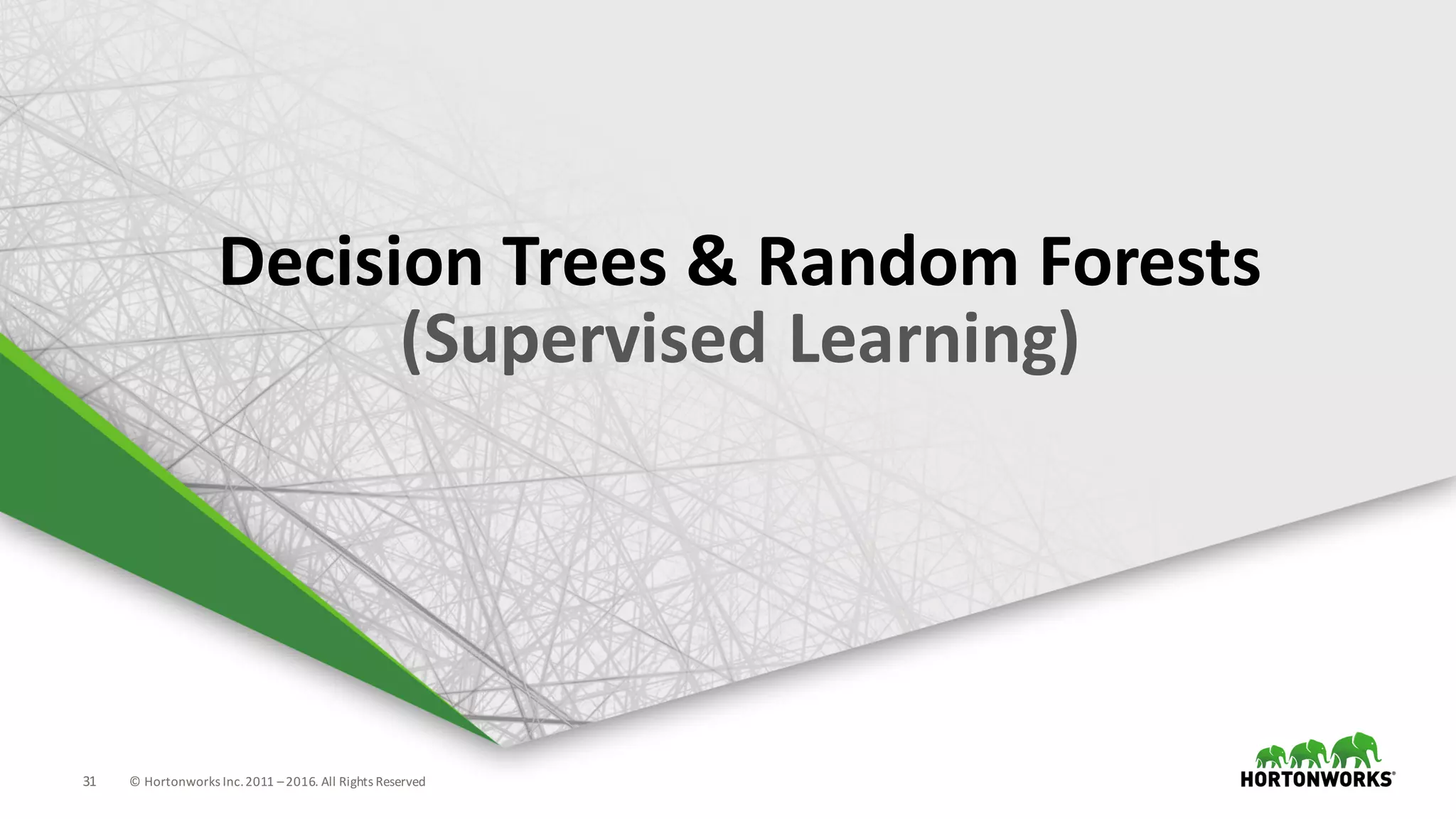 31 ©	Hortonworks	Inc.	2011	–2016.	All	Rights	Reserved
Decision	Trees	&	Random	Forests	
(Supervised	Learning)
 