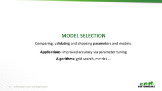 17 ©	Hortonworks	Inc.	2011	–2016.	All	Rights	Reserved
MODEL	SELECTION
Comparing,	validating	and	choosing	parameters	and	models.
Applications:	improved	accuracy	via	parameter	tuning
Algorithms:	grid	search,	metrics	…
 