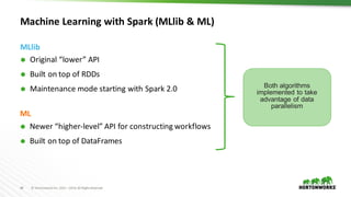 40 ©	Hortonworks	Inc.	2011	–2016.	All	Rights	Reserved
Machine	Learning	with	Spark	(MLlib &	ML)
Ã Original	“lower”	API
Ã Built	on	top	of	RDDs
Ã Maintenance	mode	starting	with	Spark	2.0
MLlib
Ã Newer	“higher-level”	API	for	constructing	workflows
Ã Built	on	top	of	DataFrames
ML
Both algorithms
implemented to take
advantage of data
parallelism
 