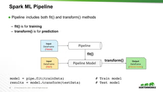 43 ©	Hortonworks	Inc.	2011	–2016.	All	Rights	Reserved
Spark ML Pipeline
Ã Pipeline includes both fit() and transform() methods
– fit() is for training
– transform() is for prediction
Input
DataFrame
(TRAIN)
Input
DataFrame
(TEST)
Output
Dataframe
(PREDICTIONS)
Pipeline
Pipeline	Model
fit()
transform()
model = pipe.fit(trainData) # Train model
results = model.transform(testData) # Test model
 