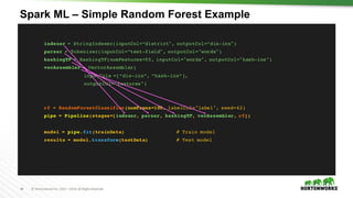 44 ©	Hortonworks	Inc.	2011	–2016.	All	Rights	Reserved
Spark ML – Simple Random Forest Example
indexer = StringIndexer(inputCol=”district", outputCol=”dis-inx")
parser = Tokenizer(inputCol=”text-field", outputCol="words")
hashingTF = HashingTF(numFeatures=50, inputCol="words", outputCol="hash-inx")
vecAssembler = VectorAssembler(
inputCols =[“dis-inx”, “hash-inx”],
outputCol="features")
rf = RandomForestClassifier(numTrees=100, labelCol="label", seed=42)
pipe = Pipeline(stages=[indexer, parser, hashingTF, vecAssembler, rf])
model = pipe.fit(trainData) # Train model
results = model.transform(testData) # Test model
 