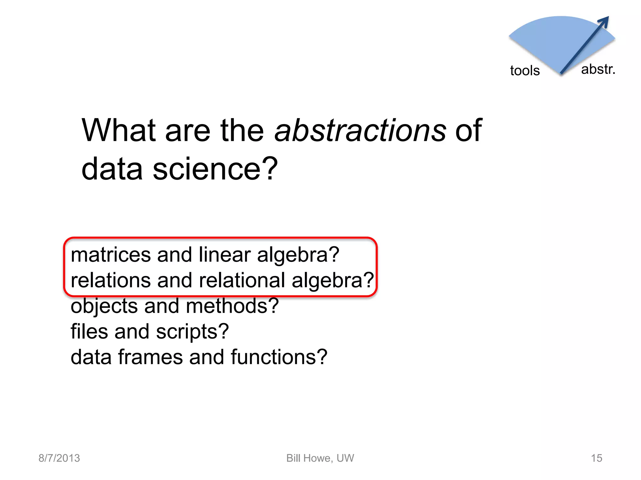 8/7/2013 Bill Howe, UW 15
matrices and linear algebra?
relations and relational algebra?
objects and methods?
files and scripts?
data frames and functions?
What are the abstractions of
data science?
tools abstr.
 