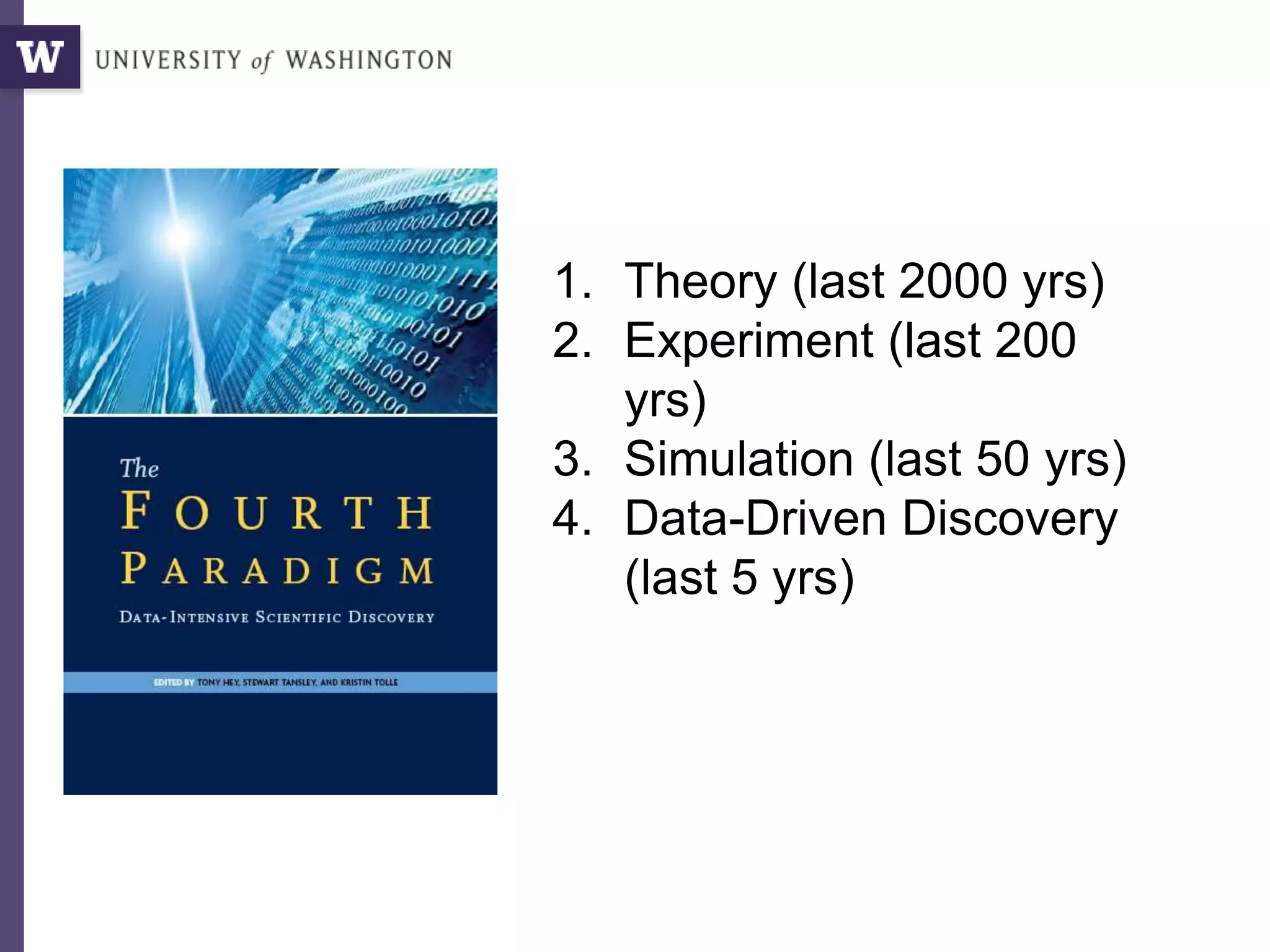 1. Theory (last 2000 yrs)
2. Experiment (last 200
yrs)
3. Simulation (last 50 yrs)
4. Data-Driven Discovery
(last 5 yrs)
 