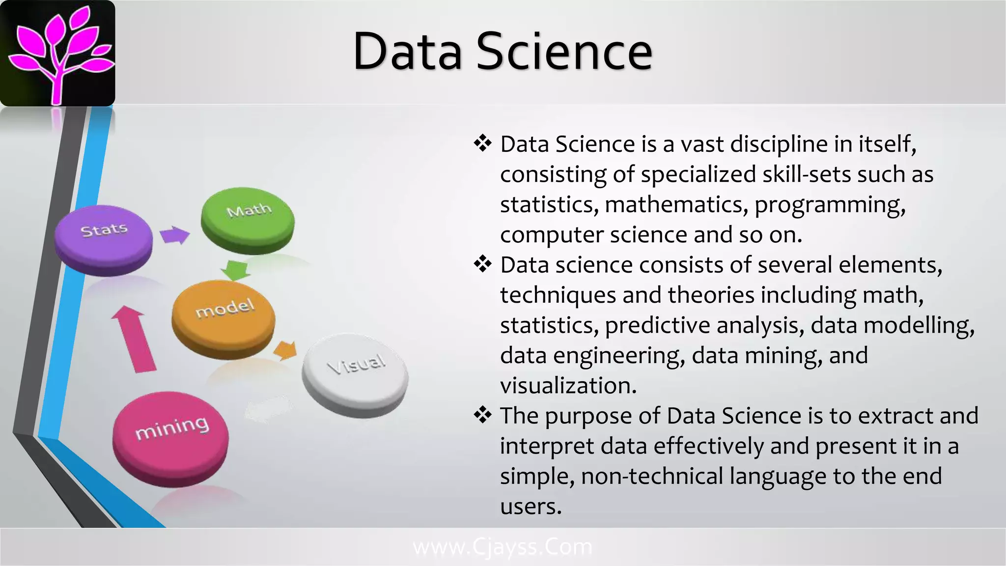  Data Science is a vast discipline in itself,
consisting of specialized skill-sets such as
statistics, mathematics, programming,
computer science and so on.
 Data science consists of several elements,
techniques and theories including math,
statistics, predictive analysis, data modelling,
data engineering, data mining, and
visualization.
 The purpose of Data Science is to extract and
interpret data effectively and present it in a
simple, non-technical language to the end
users.
www.Cjayss.Com
Data Science
 