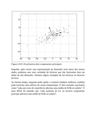 Figura 10-9. Os primeiros dois componentes principais
Segundo, após extrair uma representação de dimensão mais baixa dos nossos
dados, podemos usar uma variedade de técnicas que não funcionam bem em
dados de alta dimensão. Veremos alguns exemplos de tais técnicas no decorrer
do livro.
Ao mesmo tempo, enquanto pode ajudar a construir modelos melhores, também
pode torná-los mais difíceis de serem interpretados. É fácil entender conclusões
como “cada ano extra de experiência adiciona uma média de $10k no salário”. É
mais difícil de entender que “cada aumento de 0,1 no terceiro componente
principal adiciona uma média de $10k no salário”.
 