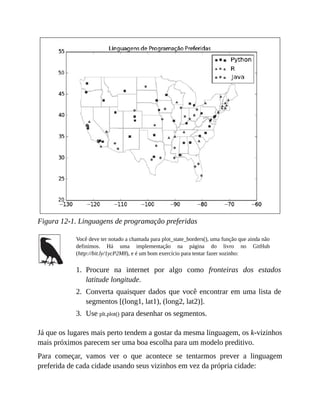 1.
2.
3.
Figura 12-1. Linguagens de programação preferidas
Você deve ter notado a chamada para plot_state_borders(), uma função que ainda não
definimos. Há uma implementação na página do livro no GitHub
(http://bit.ly/1ycP2M8), e é um bom exercício para tentar fazer sozinho:
Procure na internet por algo como fronteiras dos estados
latitude longitude.
Converta quaisquer dados que você encontrar em uma lista de
segmentos [(long1, lat1), (long2, lat2)].
Use plt.plot() para desenhar os segmentos.
Já que os lugares mais perto tendem a gostar da mesma linguagem, os k-vizinhos
mais próximos parecem ser uma boa escolha para um modelo preditivo.
Para começar, vamos ver o que acontece se tentarmos prever a linguagem
preferida de cada cidade usando seus vizinhos em vez da própria cidade:
 