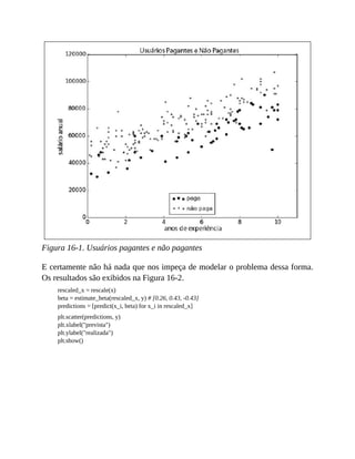 Figura 16-1. Usuários pagantes e não pagantes
E certamente não há nada que nos impeça de modelar o problema dessa forma.
Os resultados são exibidos na Figura 16-2.
rescaled_x = rescale(x)
beta = estimate_beta(rescaled_x, y) # [0.26, 0.43, -0.43]
predictions = [predict(x_i, beta) for x_i in rescaled_x]
plt.scatter(predictions, y)
plt.xlabel("prevista")
plt.ylabel("realizada")
plt.show()
 