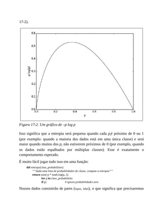 17-2).
Figura 17-2. Um gráfico de –p log p
Isso significa que a entropia será pequena quando cada pié próximo de 0 ou 1
(por exemplo: quando a maioria dos dados está em uma única classe) e será
maior quando muitos dos pi não estiverem próximos de 0 (por exemplo, quando
os dados estão espalhados por múltiplas classes). Esse é exatamente o
comportamento esperado.
É muito fácil jogar tudo isso em uma função:
def entropy(class_probabilities):
"""dada uma lista de probabilidades de classe, compute a entropia"""
return sum(-p * math.log(p, 2)
for p in class_probabilities
if p) # ignora probabilidades zero
Nossos dados consistirão de pares (input, label), o que significa que precisaremos
 