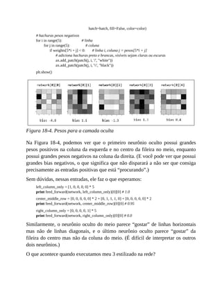 hatch=hatch, fill=False, color=color)
# hachuras pesos negativos
for i in range(5): # linha
for j in range(5): # coluna
if weights[5*i + j] < 0: # linha i, coluna j = pesos[5*i + j]
# adiciona hachuras preto e brancas, visíveis sejam claras ou escuras
ax.add_patch(patch(j, i, '/', "white"))
ax.add_patch(patch(j, i, '', "black"))
plt.show()
Figura 18-4. Pesos para a camada oculta
Na Figura 18-4, podemos ver que o primeiro neurônio oculto possui grandes
pesos positivos na coluna da esquerda e no centro da fileira no meio, enquanto
possui grandes pesos negativos na coluna da direita. (E você pode ver que possui
grandes bias negativos, o que significa que não disparará a não ser que consiga
precisamente as entradas positivas que está “procurando”.)
Sem dúvidas, nessas entradas, ele faz o que esperamos:
left_column_only = [1, 0, 0, 0, 0] * 5
print feed_forward(network, left_column_only)[0][0] # 1.0
center_middle_row = [0, 0, 0, 0, 0] * 2 + [0, 1, 1, 1, 0] + [0, 0, 0, 0, 0] * 2
print feed_forward(network, center_middle_row)[0][0] # 0.95
right_column_only = [0, 0, 0, 0, 1] * 5
print feed_forward(network, right_column_only)[0][0] # 0.0
Similarmente, o neurônio oculto do meio parece “gostar” de linhas horizontais
mas não de linhas diagonais, e o último neurônio oculto parece “gostar” da
fileira do centro mas não da coluna do meio. (É difícil de interpretar os outros
dois neurônios.)
O que acontece quando executamos meu 3 estilizado na rede?
 