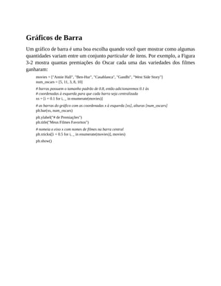 Gráficos de Barra
Um gráfico de barra é uma boa escolha quando você quer mostrar como algumas
quantidades variam entre um conjunto particular de itens. Por exemplo, a Figura
3-2 mostra quantas premiações do Oscar cada uma das variedades dos filmes
ganharam:
movies = ["Annie Hall", "Ben-Hur", "Casablanca", "Gandhi", "West Side Story"]
num_oscars = [5, 11, 3, 8, 10]
# barras possuem o tamanho padrão de 0.8, então adicionaremos 0.1 às
# coordenadas à esquerda para que cada barra seja centralizada
xs = [i + 0.1 for i, _ in enumerate(movies)]
# as barras do gráfico com as coordenadas x à esquerda [xs], alturas [num_oscars]
plt.bar(xs, num_oscars)
plt.ylabel("# de Premiações")
plt.title("Meus Filmes Favoritos")
# nomeia o eixo x com nomes de filmes na barra central
plt.xticks([i + 0.5 for i, _ in enumerate(movies)], movies)
plt.show()
 