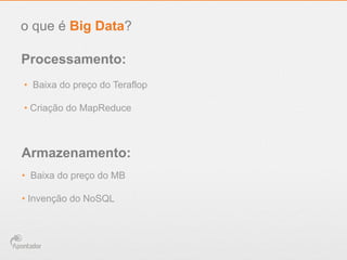 •  Baixa do preço do Teraflop
• Criação do MapReduce
o que é Big Data?
Processamento:
Armazenamento:
•  Baixa do preço do MB
• Invenção do NoSQL
 