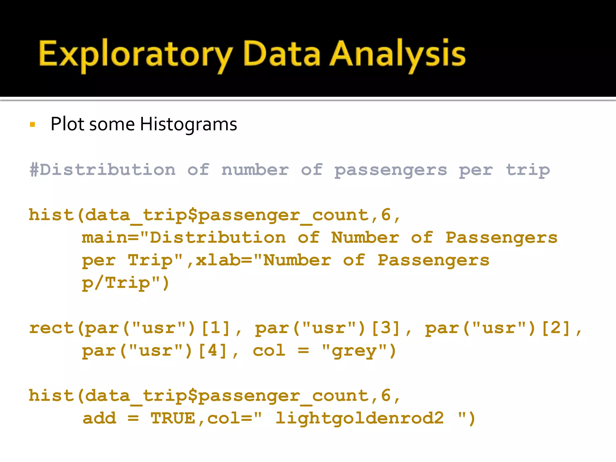  Plot some Histograms #Distribution of number of passengers per trip hist(data_trip$passenger_count,6, main="Distribution of Number of Passengers per Trip",xlab="Number of Passengers p/Trip") rect(par("usr")[1], par("usr")[3], par("usr")[2], par("usr")[4], col = "grey") hist(data_trip$passenger_count,6, add = TRUE,col=" lightgoldenrod2 ") 