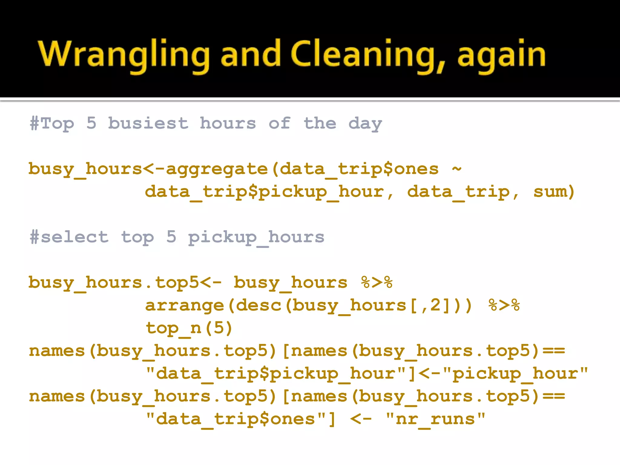 #Top 5 busiest hours of the day busy_hours<-aggregate(data_trip$ones ~ data_trip$pickup_hour, data_trip, sum) #select top 5 pickup_hours busy_hours.top5<- busy_hours %>% arrange(desc(busy_hours[,2])) %>% top_n(5) names(busy_hours.top5)[names(busy_hours.top5)== "data_trip$pickup_hour"]<-"pickup_hour" names(busy_hours.top5)[names(busy_hours.top5)== "data_trip$ones"] <- "nr_runs" 