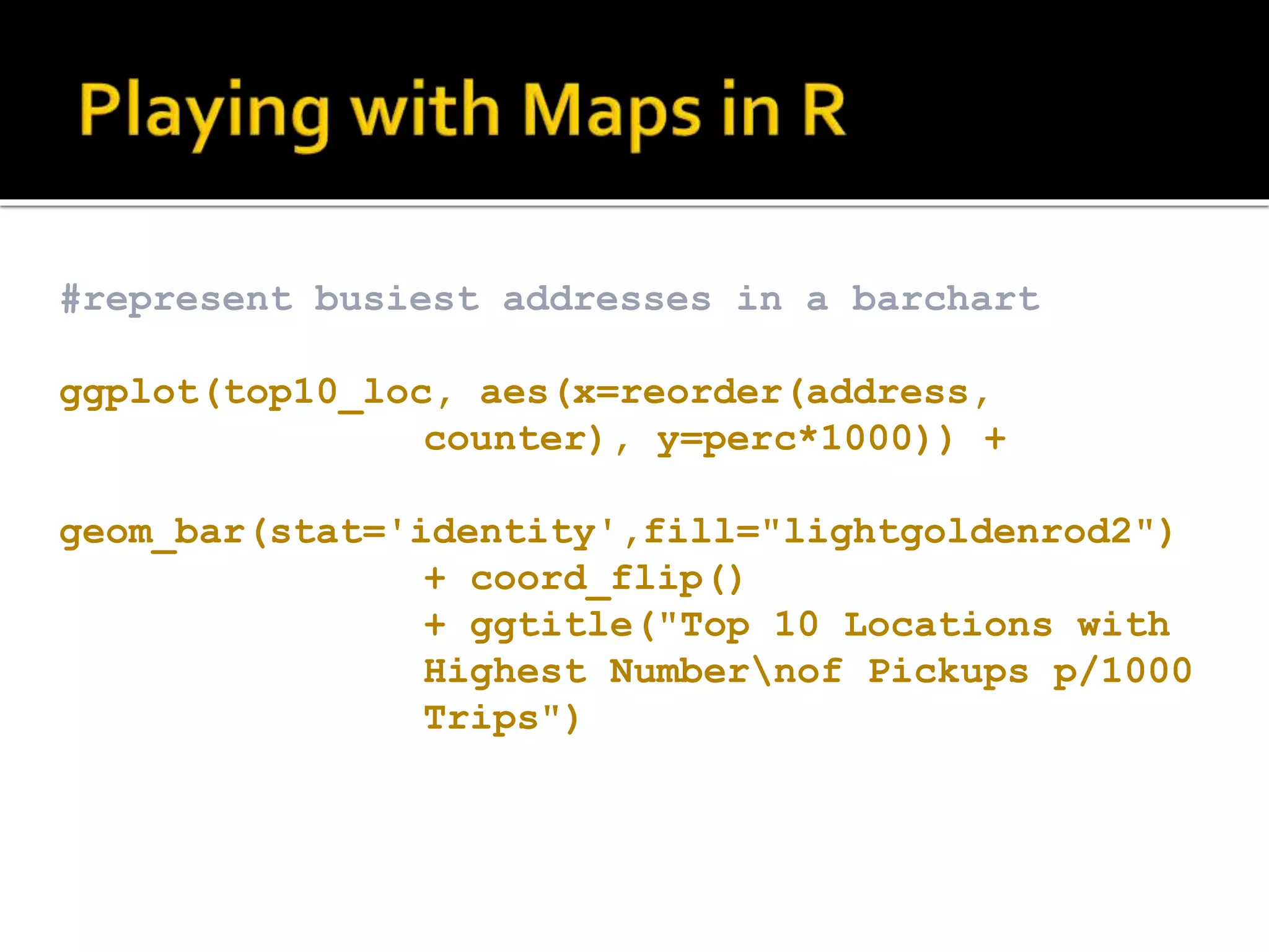 #represent busiest addresses in a barchart ggplot(top10_loc, aes(x=reorder(address, counter), y=perc*1000)) + geom_bar(stat='identity',fill="lightgoldenrod2") + coord_flip() + ggtitle("Top 10 Locations with Highest Numbernof Pickups p/1000 Trips") 