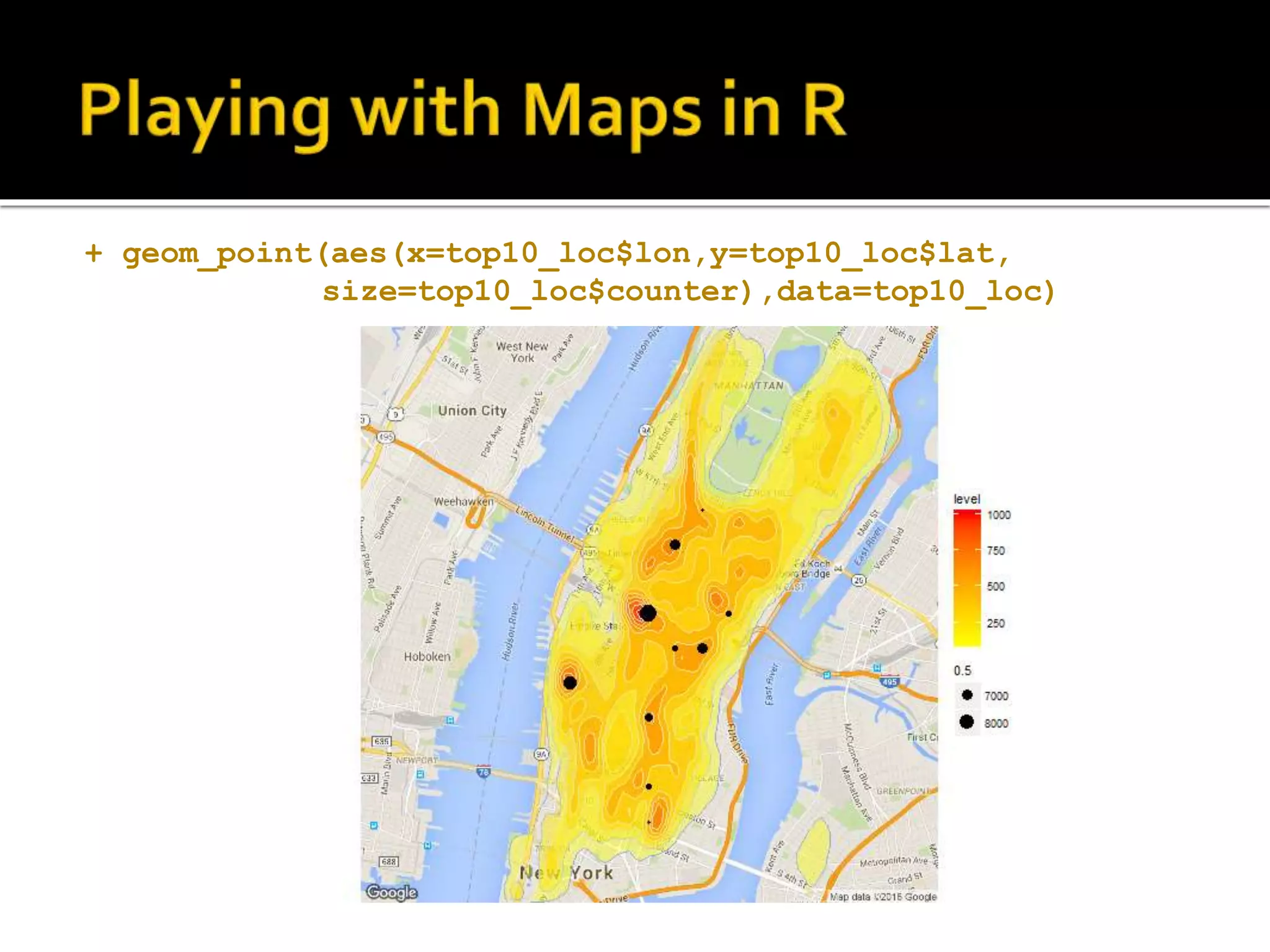 + geom_point(aes(x=top10_loc$lon,y=top10_loc$lat, size=top10_loc$counter),data=top10_loc) 