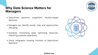 Data-driven decisions outperform intuition-based
decisions.
Managers can identify trends, risks, and opportunities
efficiently.
Examples: Forecasting sales, optimizing resources,
improving customer experience.
Visual: Infographic showing “Intuition vs Data-Driven
Decisions”
iabac.org
Why Data Science Matters for
Managers
 