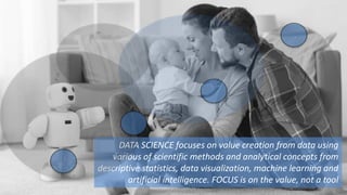 DATA SCIENCE focuses on value creation from data using
various of scientific methods and analytical concepts from
descriptive statistics, data visualization, machine learning and
artificial intelligence. FOCUS is on the value, not a tool
 