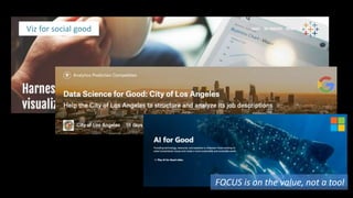 Viz for social good
FOCUS is on the value, not a tool
 