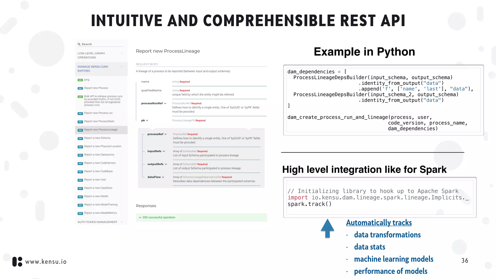 www.kensu.io
INTUITIVE AND COMPREHENSIBLE REST API
36
dam_dependencies = [
ProcessLineageDepsBuilder(input_schema, output_schema)
.identity_from_output("data")
.append('f', ['name', 'last'], "data"),
ProcessLineageDepsBuilder(input_schema_2, output_schema)
.identity_from_output("data")
]
dam_create_process_run_and_lineage(process, user,
code_version, process_name,
dam_dependencies)
Example in Python
High level integration like for Spark
// Initializing library to hook up to Apache Spark
import io.kensu.dam.lineage.spark.lineage.Implicits._
spark.track()
Automatically tracks
- data transformations
- data stats
- machine learning models
- performance of models
 