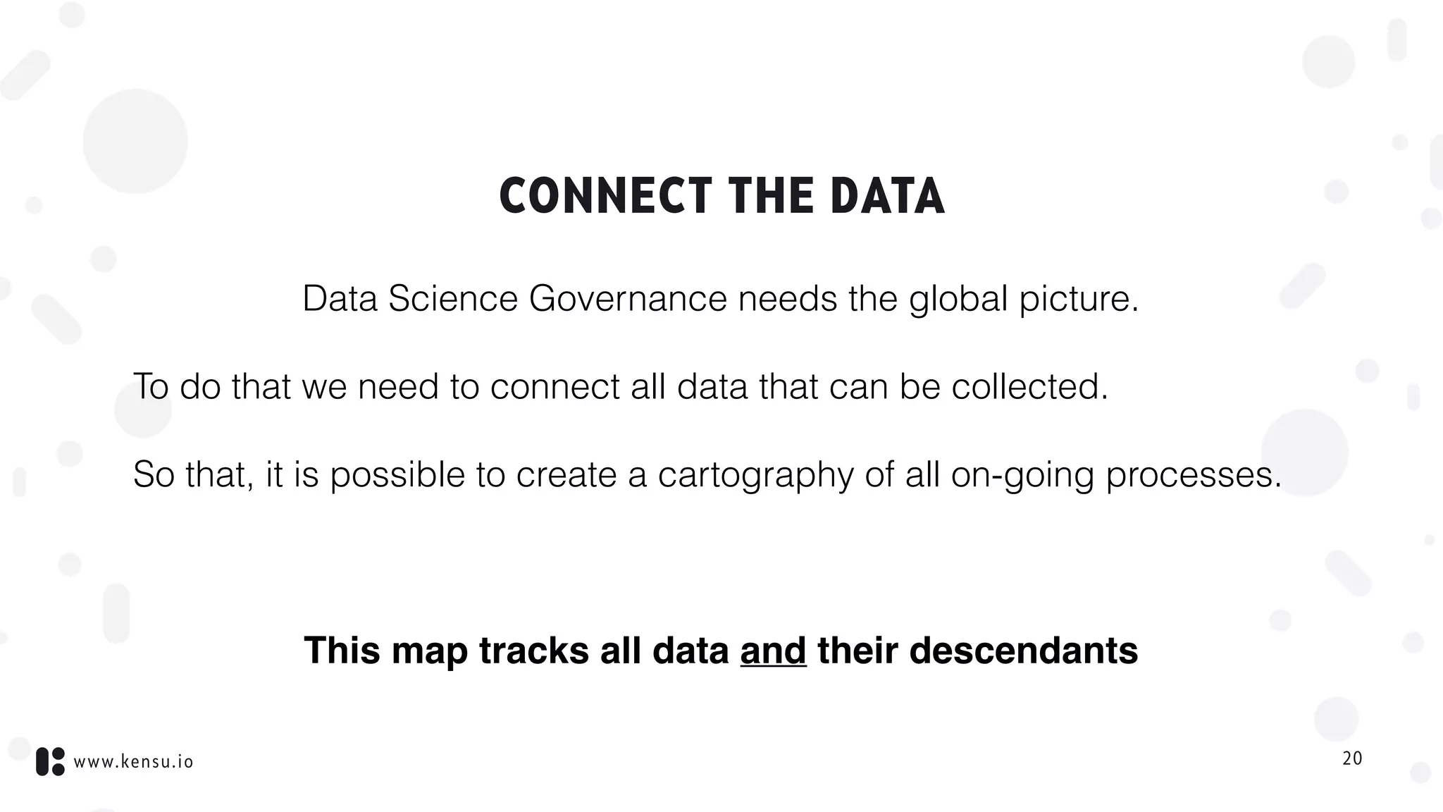 www.kensu.io
CONNECT THE DATA
Data Science Governance needs the global picture.
To do that we need to connect all data that can be collected.
So that, it is possible to create a cartography of all on-going processes.
This map tracks all data and their descendants
20
 