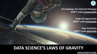 Pre-Hadoop, Pre-Internet Packages
DON’T scale economically

Code-led approaches
DON’T scale technically
Data-Scientists
DON’T scale physically

DATA SCIENCE’S LAWS OF GRAVITY
WWW.ALPINENOW.COM

 