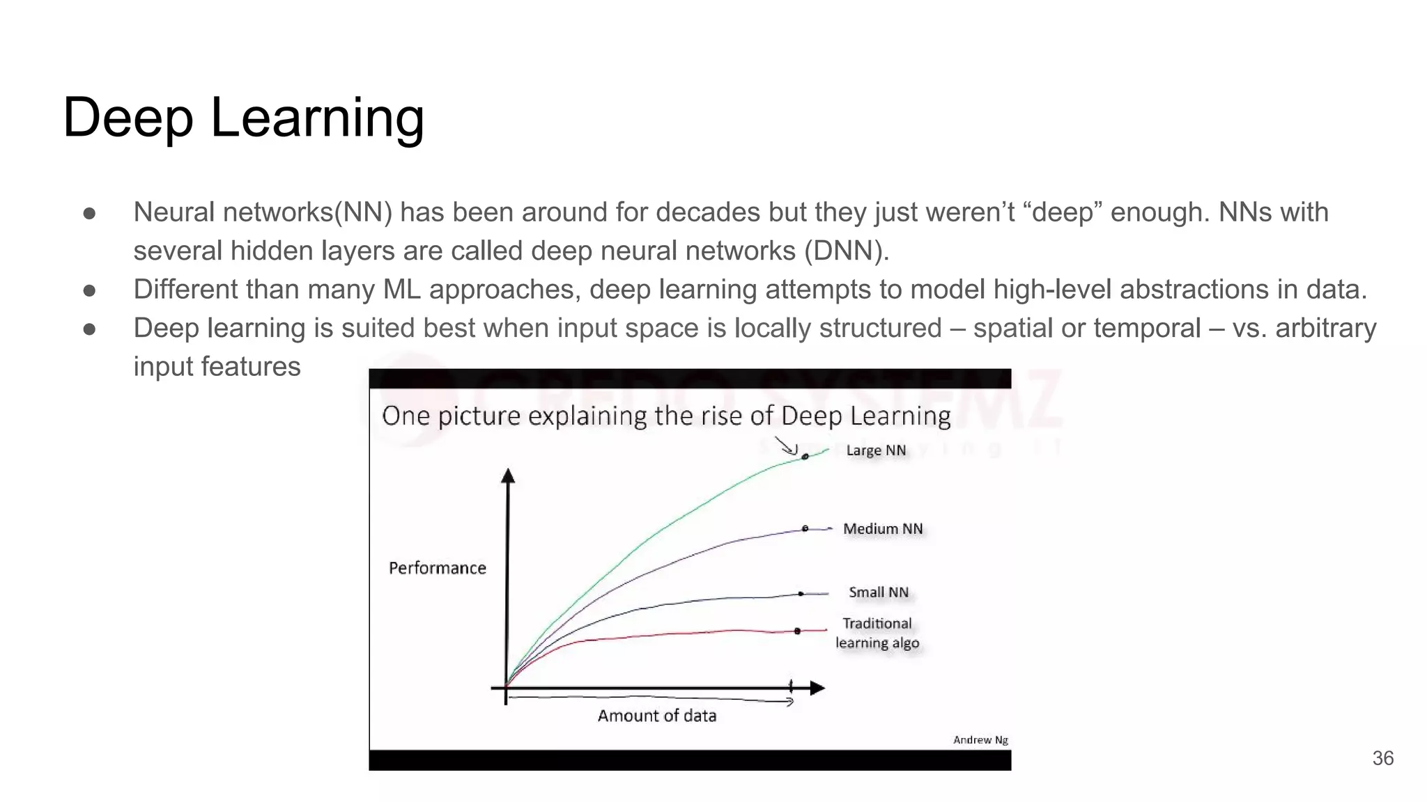 Deep Learning
● Neural networks(NN) has been around for decades but they just weren’t “deep” enough. NNs with
several hidden layers are called deep neural networks (DNN).
● Different than many ML approaches, deep learning attempts to model high-level abstractions in data.
● Deep learning is suited best when input space is locally structured – spatial or temporal – vs. arbitrary
input features
36
 